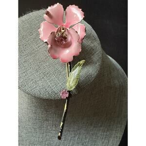 Vintage 1940s Francois Orchid Flower Pin Brooch Large Pink Enamel Rhinestone